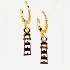 Lighthouse Earrings 18k Gold over Sterling Silver Enamel Leverback Dangling